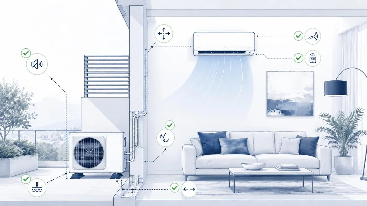 Schéma technique des points à vérifier avant un devis de climatisation.
